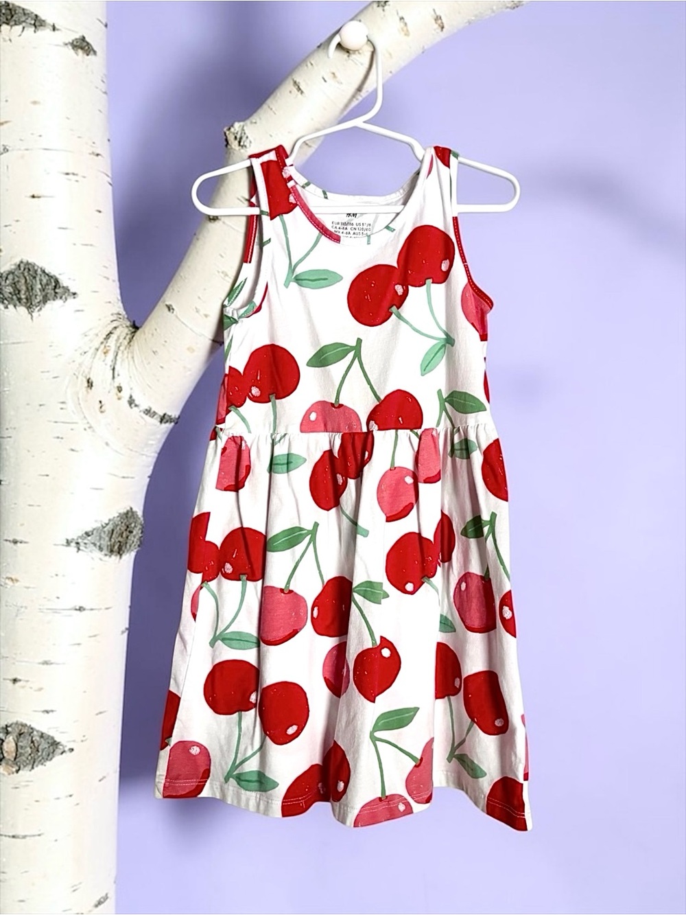 H&M Girls White Sleeveless Cherry Print A‑Line Cotton Dress 5–6Y EUC